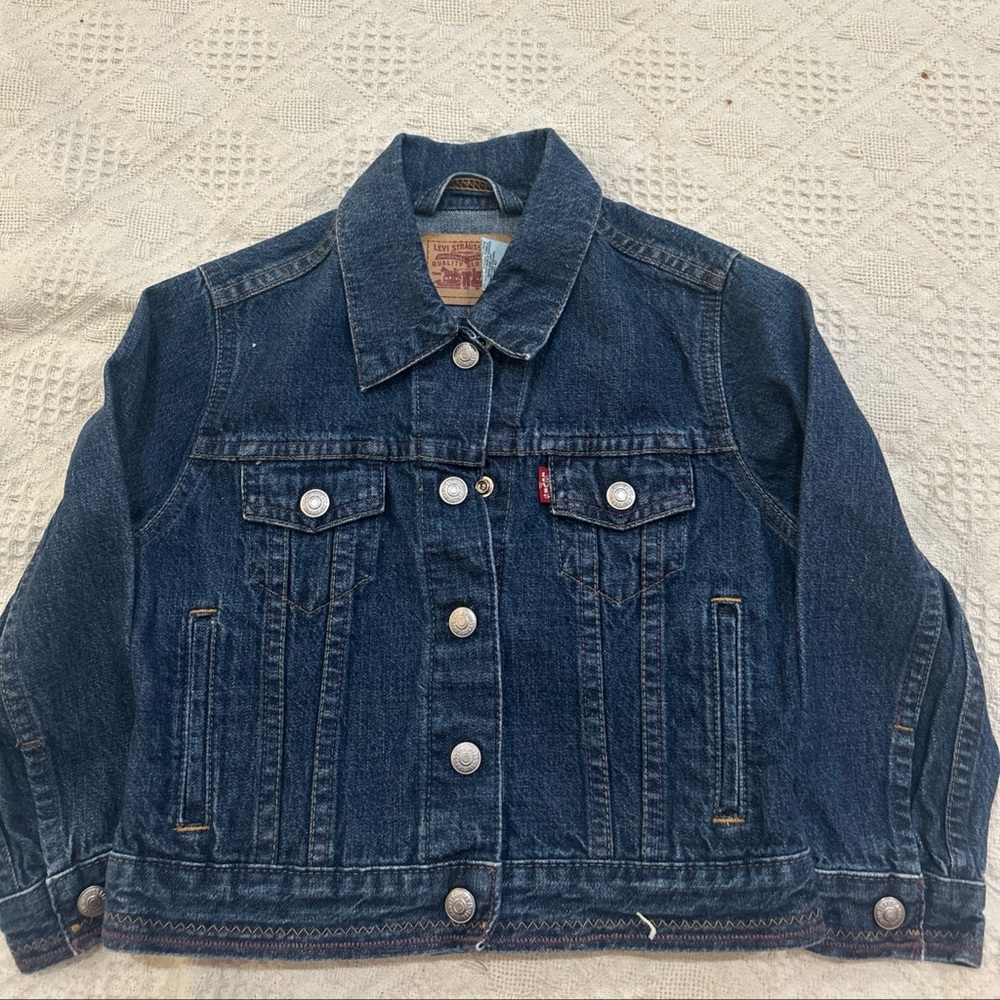 Vintage Levis Denim Jacket Youth Size 5 Dark Wash Button Trucker USA Made